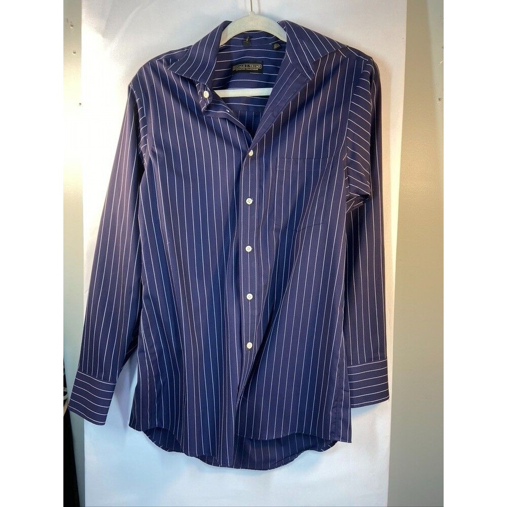 DONALD TRUMP MENS 14.5 NON IRON BLUE WHITE STRIPE DRESS SHIRT 32/33 BUTTON DOWN